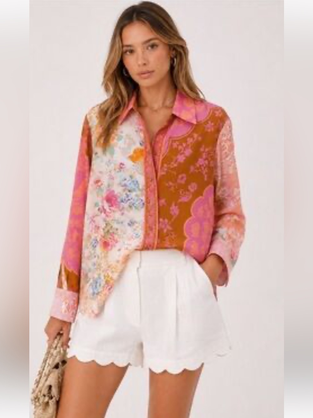 Rachel Zoe Boho Patchwork Floral Linen Blend Mixed-Print Button-Down Blouse S